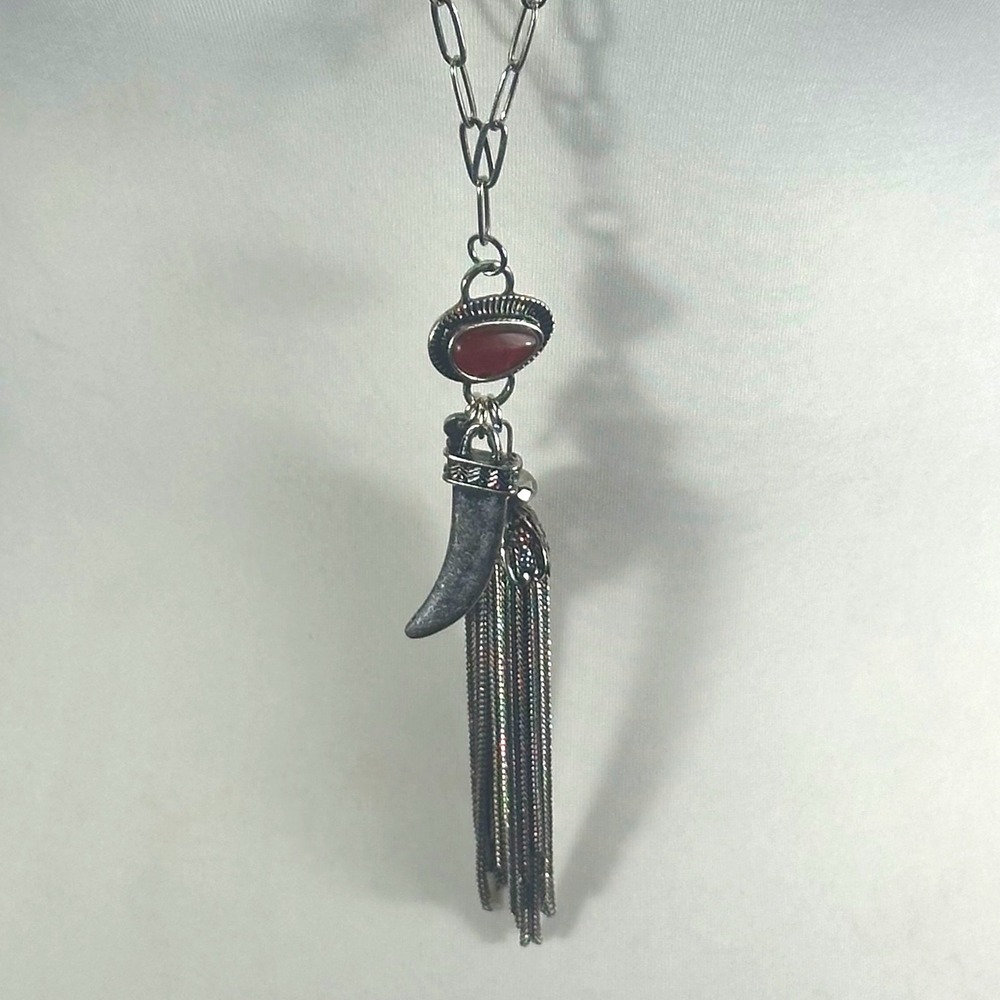 Free People Dandee Long Necklace NWT Silver Red Agate Tassel Boho Charm - Picture 3 of 8
